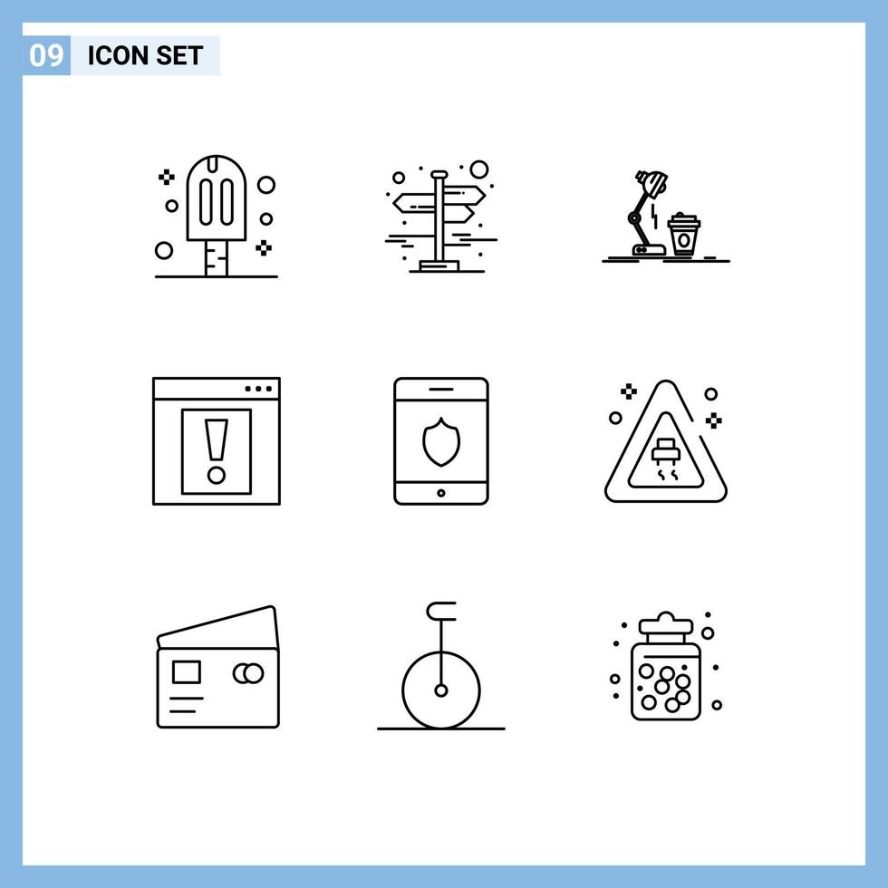 ensemble moderne de 9 contours pictogramme d'éléments de conception vectoriels modifiables flash d'alerte de studio web de sécurité vecteur