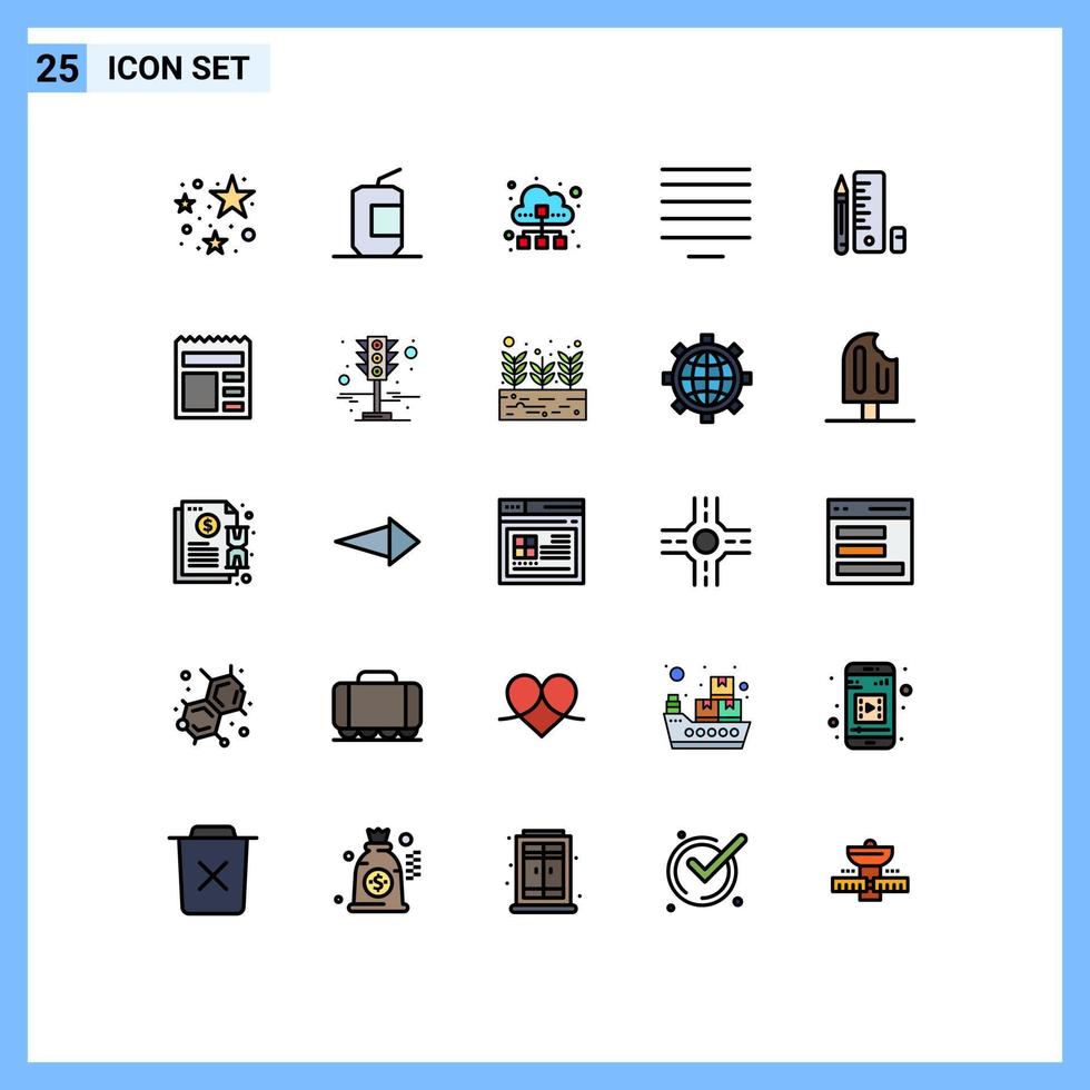 ensemble moderne de 25 pictogrammes de couleurs plates de lignes remplies d'éléments de conception vectoriels modifiables de nuage de centre de texte de stylo vecteur