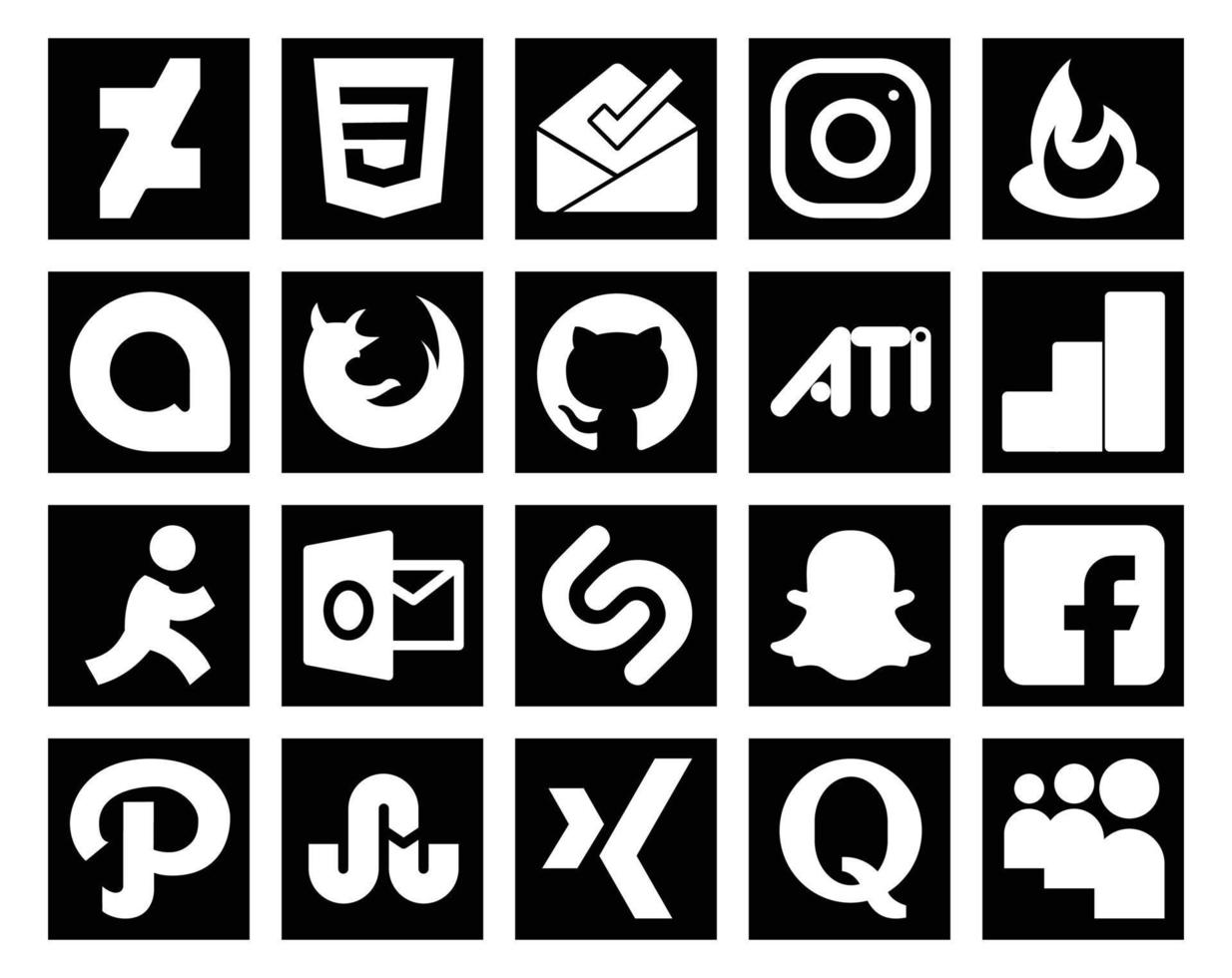 20 pack d'icônes de médias sociaux, y compris stumbleupon facebook github snapchat outlook vecteur