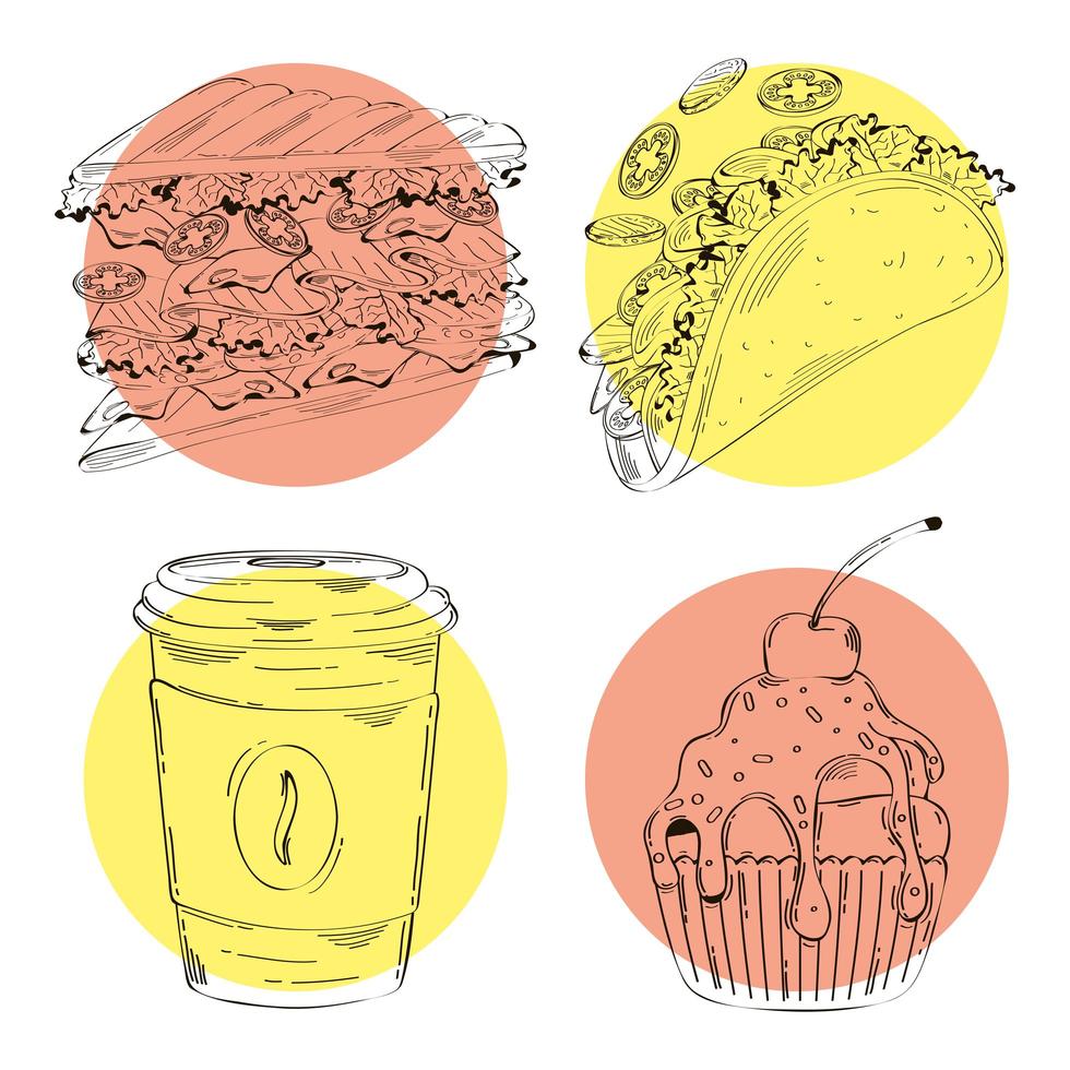 paquet de quatre icônes dessinées à la main de restauration rapide vecteur
