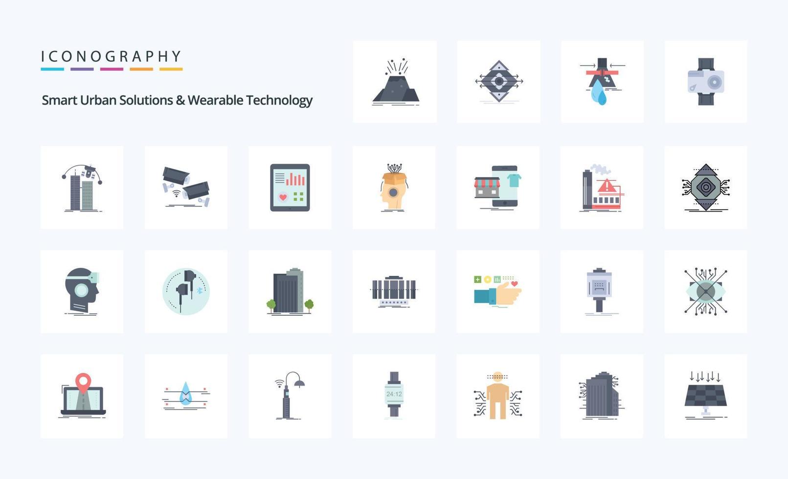 25 solutions urbaines intelligentes et pack d'icônes de couleur plate de technologie portable vecteur