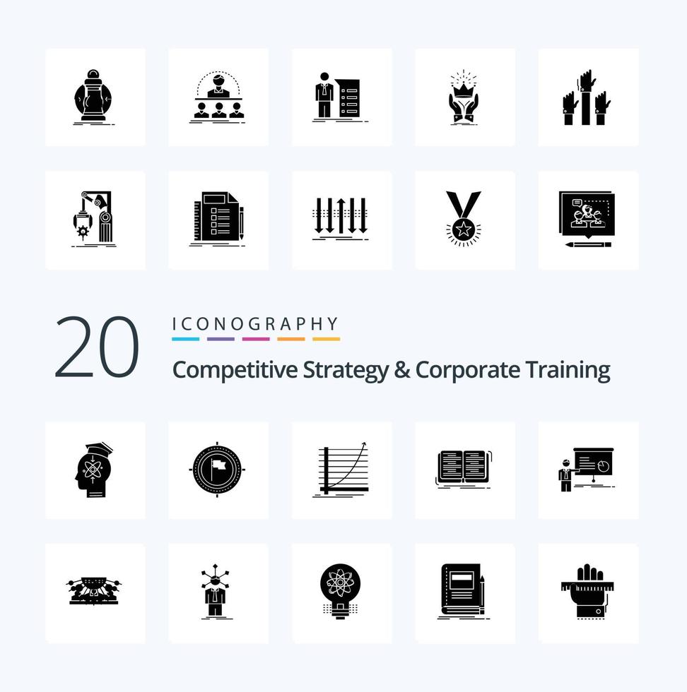 20 pack d'icônes de glyphe solide de stratégie compétitive et de formation d'entreprise comme la courbe d'objectif du drapeau du livre de leçons vecteur