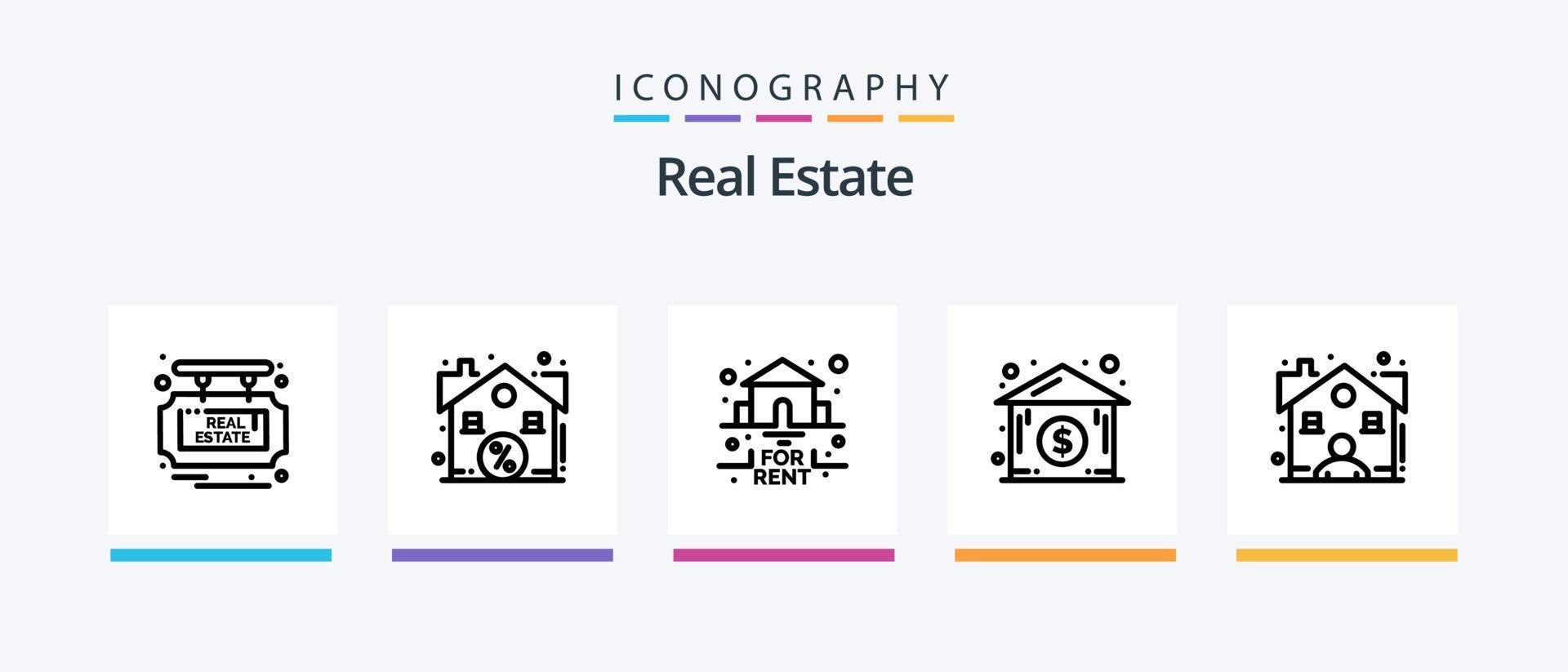 pack d'icônes de la ligne 5 de l'immobilier, y compris réel. réel. livraison. carte. domaine. conception d'icônes créatives vecteur