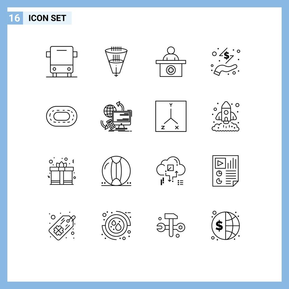 ensemble moderne de 16 contours pictogramme d'éléments de conception vectoriels modifiables de réceptionniste d'affaires de filtration d'argent vecteur