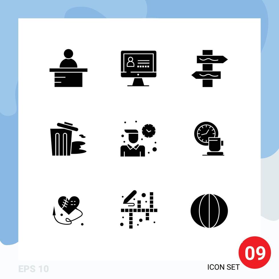 ensemble de 9 symboles d'icônes d'interface utilisateur modernes signes pour l'heure du café route routine corbeille éléments de conception vectoriels modifiables vecteur