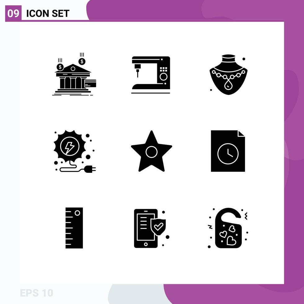 interface mobile glyphe solide ensemble de 9 pictogrammes d'éléments de conception vectoriels modifiables d'électricité de machine de signet étoile vecteur