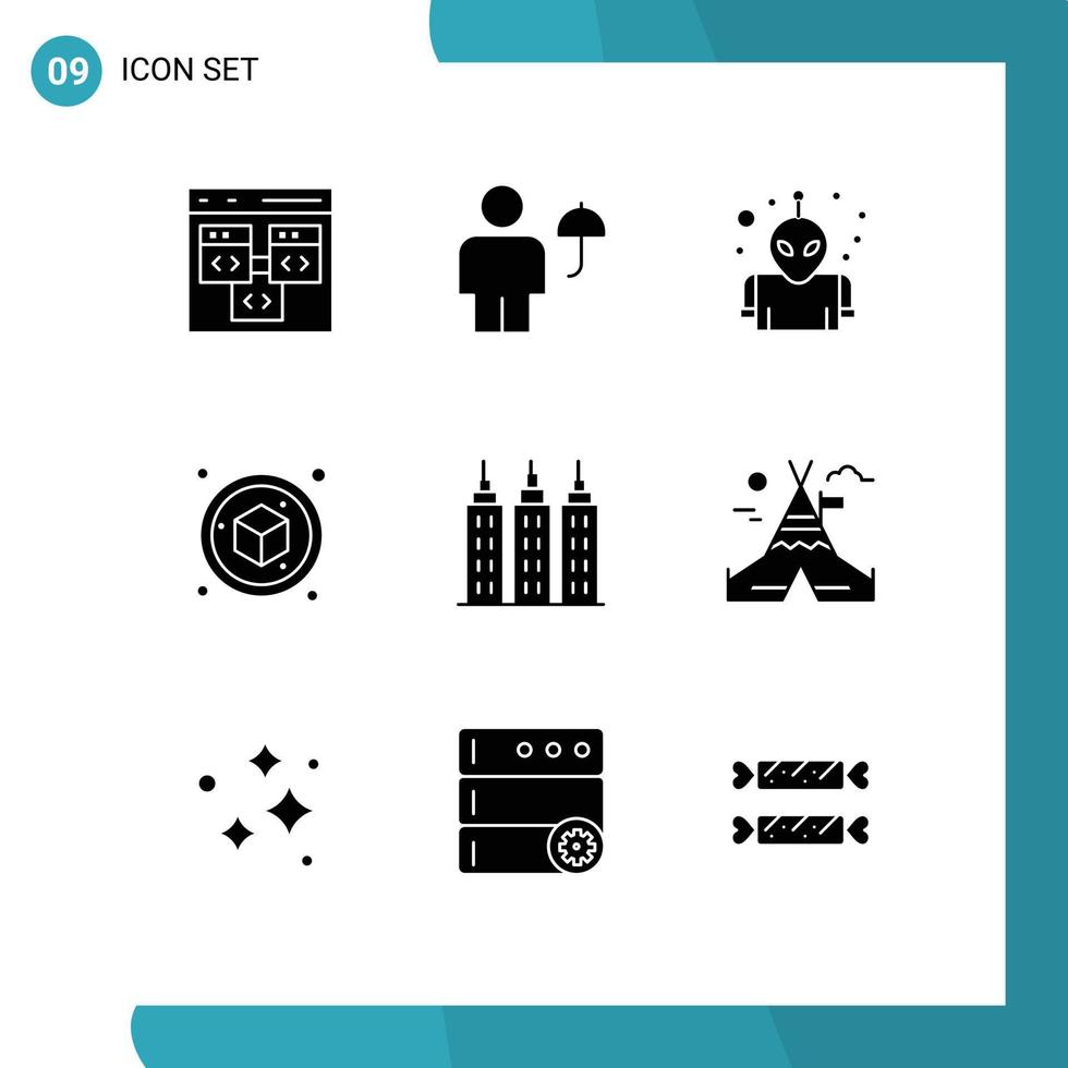 ensemble de 9 glyphes solides vectoriels sur la grille pour l'objet de construction protéger les éléments de conception vectoriels modifiables de l'espace cube vecteur