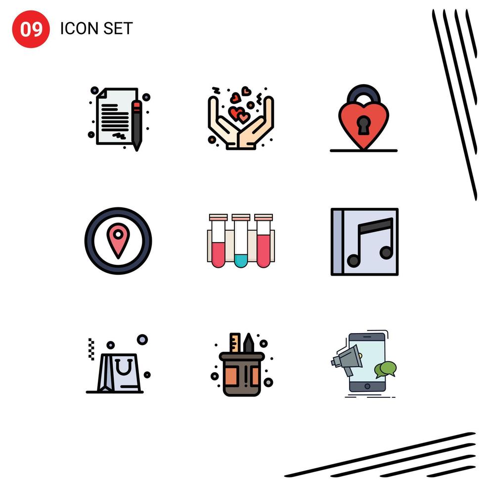 ensemble de pictogrammes de 9 couleurs plates simples remplies d'éléments de conception vectoriels modifiables d'emplacement de marqueur de carte de verrouillage de test scientifique vecteur