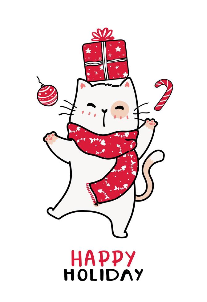 Chat mignon dans une écharpe tricotée rouge Noël et boîte-cadeau vecteur