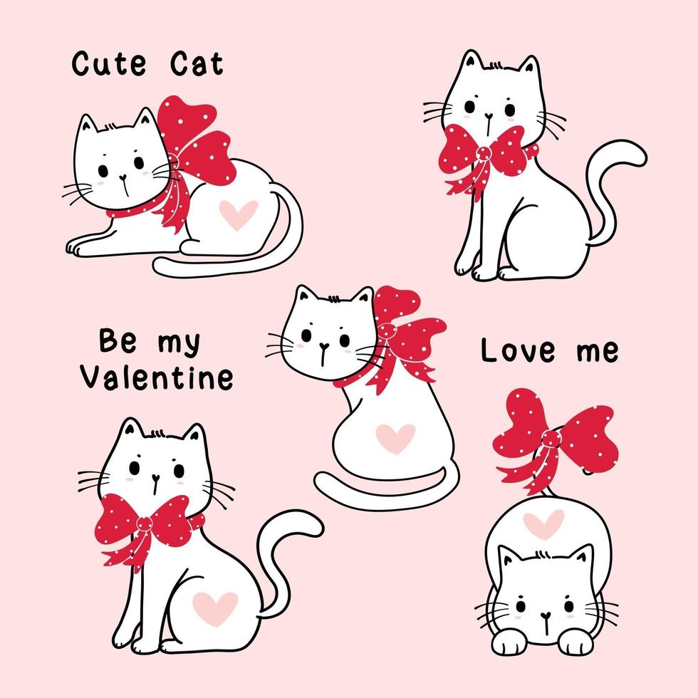 ensemble de chats blancs mignons valentine avec des rubans rouges vecteur