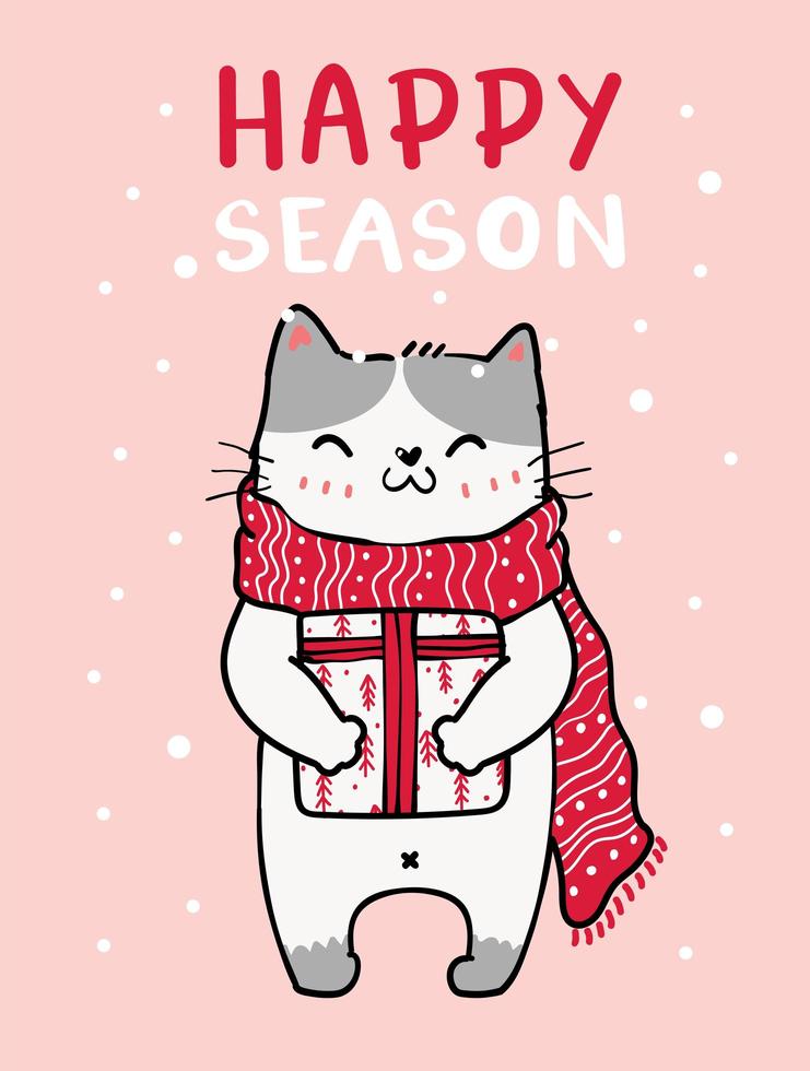 Chat mignon dans une écharpe tricotée rouge noël avec la neige qui tombe vecteur
