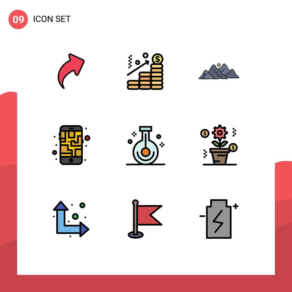 groupe de 9 signes et symboles de couleurs plates remplies pour les éléments de conception vectoriels modifiables de scène mobile de montagne de téléphone de bécher vecteur