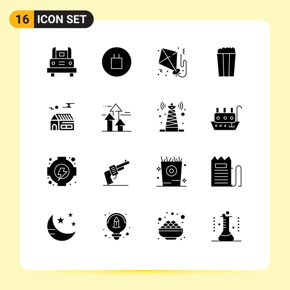 interface mobile glyphe solide ensemble de 16 pictogrammes d'éléments de conception vectoriels modifiables sun home kite food pop vecteur