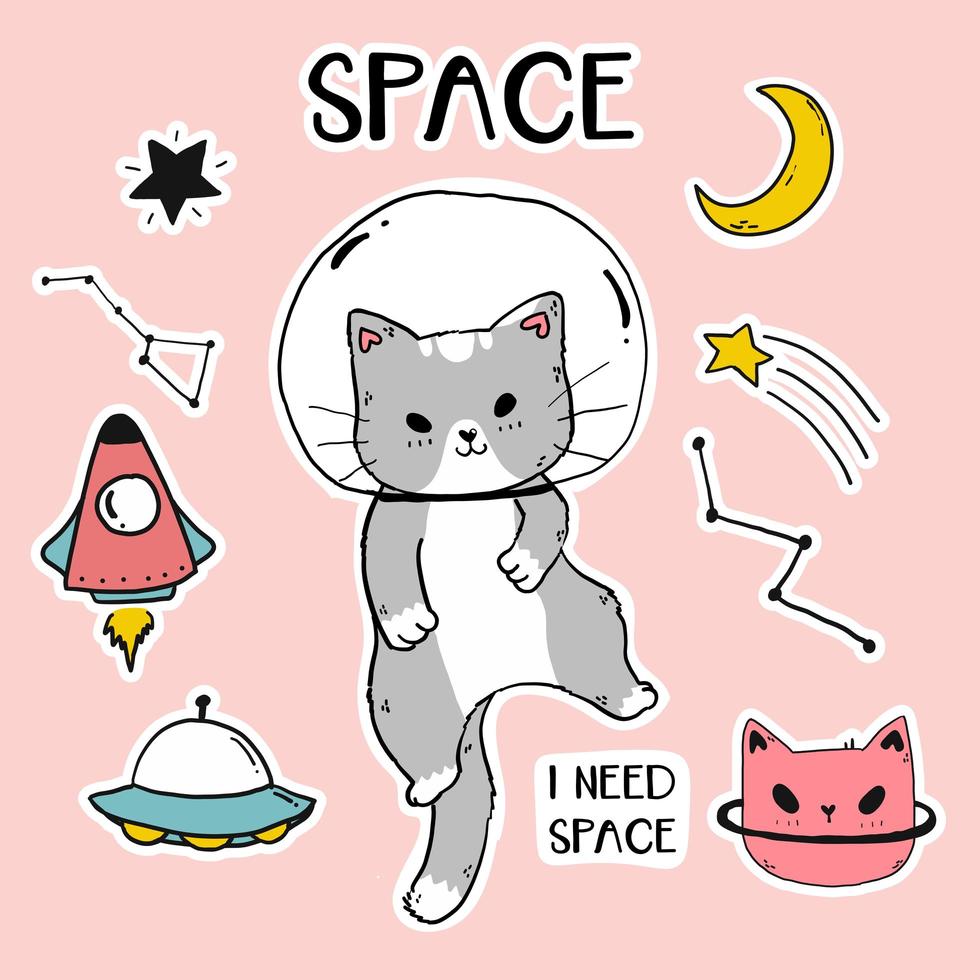 mignon, astronaute, chat, à, espace, icônes vecteur
