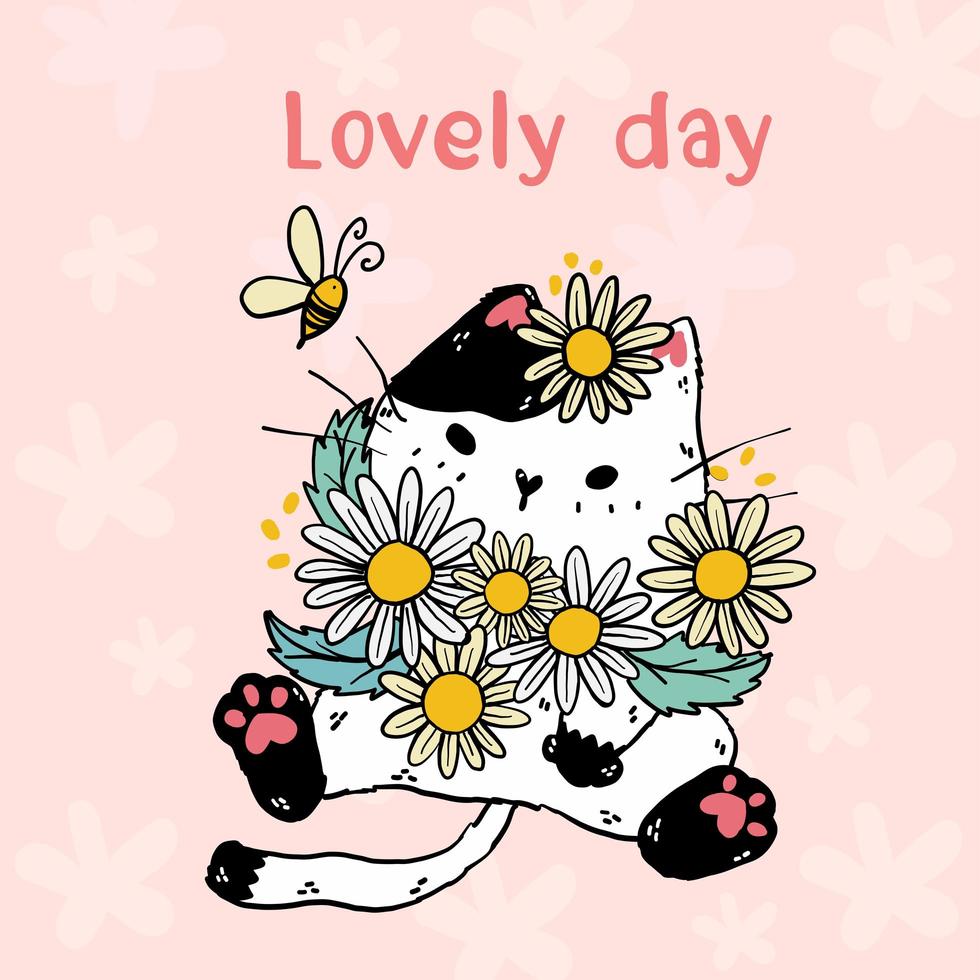 mignon chat blanc avec des fleurs vecteur