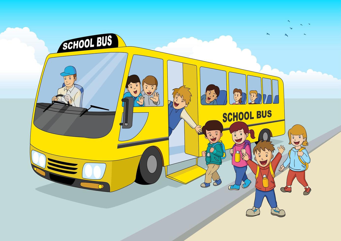 dessin animé enfants et autobus scolaire vecteur