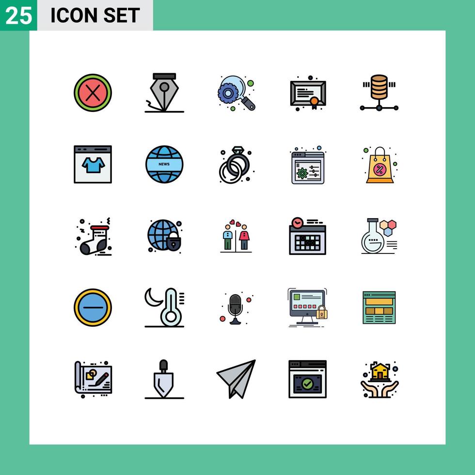 groupe de 25 signes et symboles de couleurs plates en ligne remplie pour les éléments de conception vectoriels modifiables de l'étude du moteur informatique du serveur vecteur