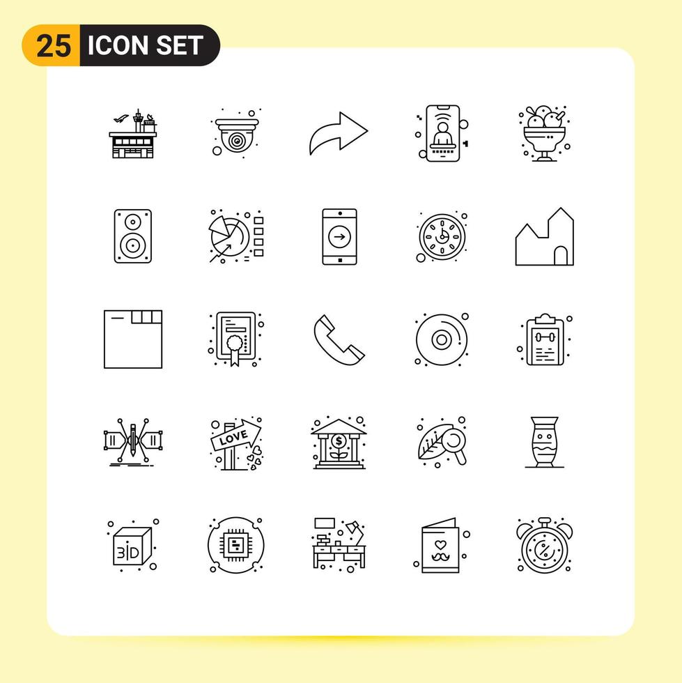 ligne d'interface mobile ensemble de 25 pictogrammes de signal de conception de téléphone dessert éléments de conception vectoriels modifiables mobiles vecteur