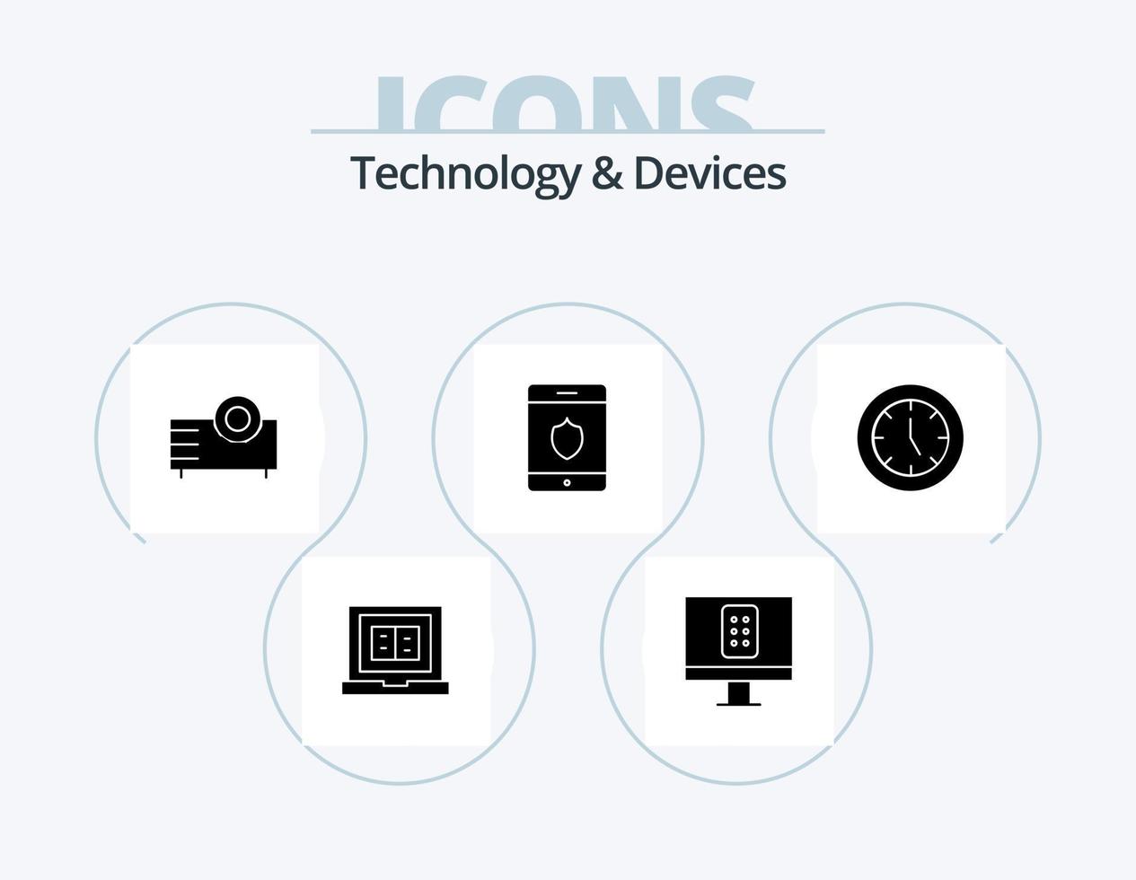 dispositifs glyphe icône pack 5 conception d'icônes. électronique. horloge. électronique. téléphone intelligent. sécurité vecteur