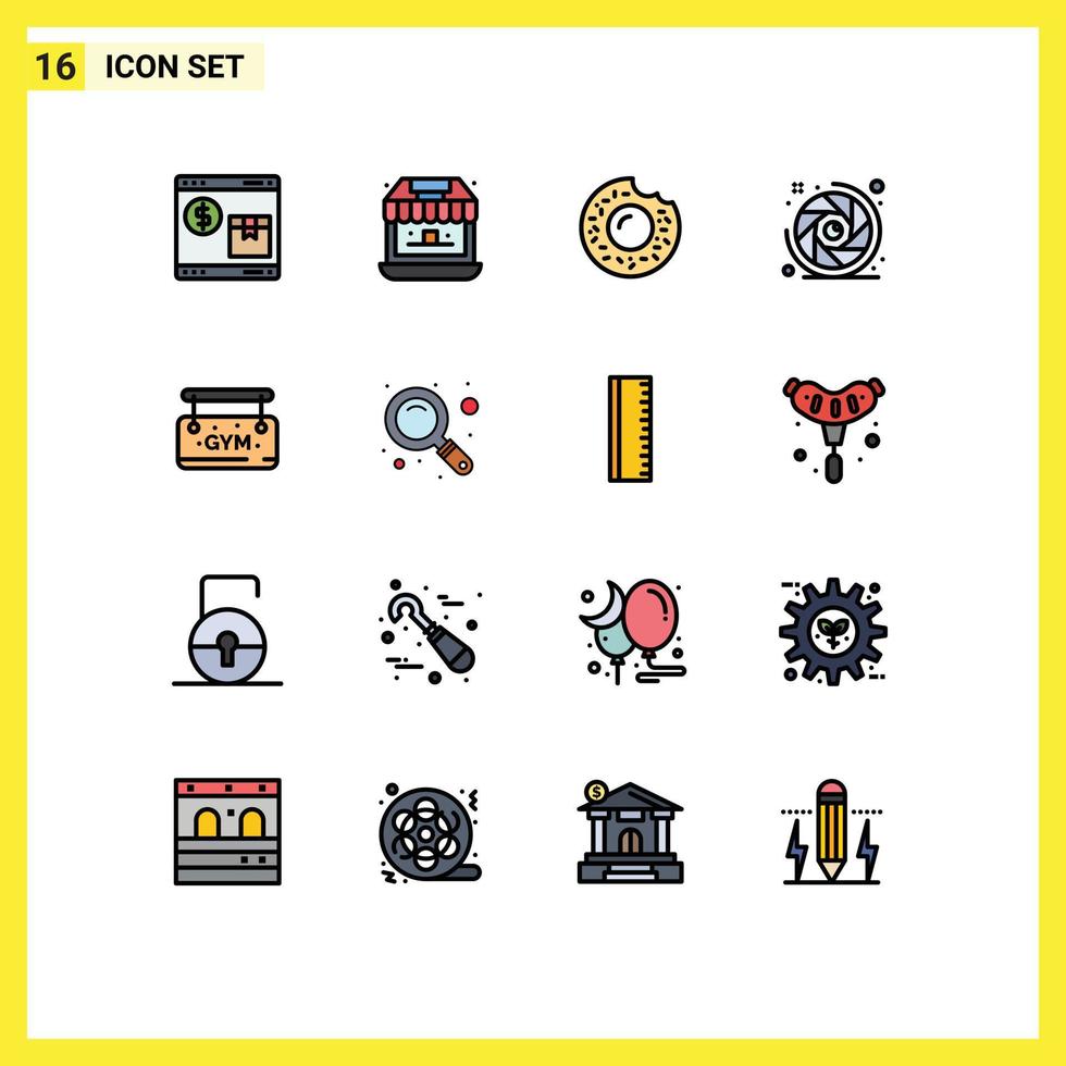 16 concept de ligne remplie de couleurs plates pour les sites Web mobiles et applications conseil ouverture de l'objectif magasin caméra obturateur caméra éléments de conception vectoriels créatifs modifiables vecteur