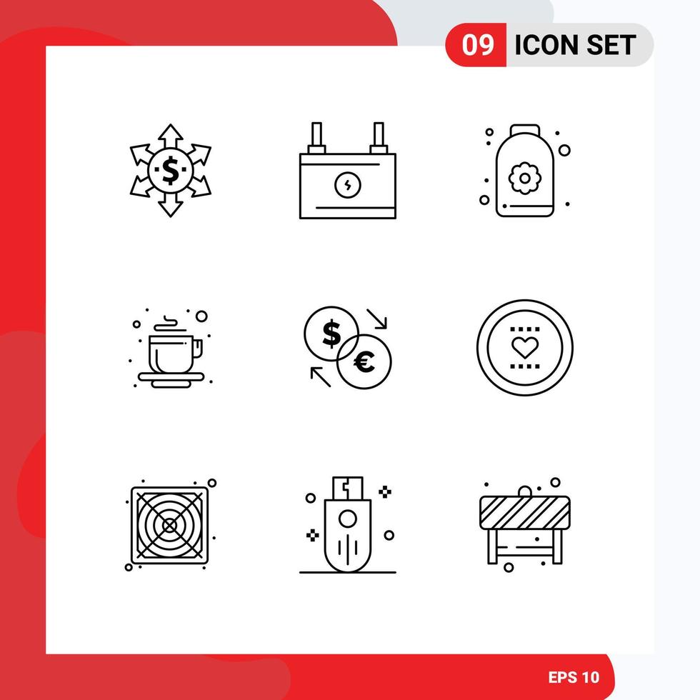 9 ensemble de contours d'interface utilisateur de signes et symboles modernes de convertisseur d'échange sauna lieu de thé éléments de conception vectoriels modifiables à chaud vecteur