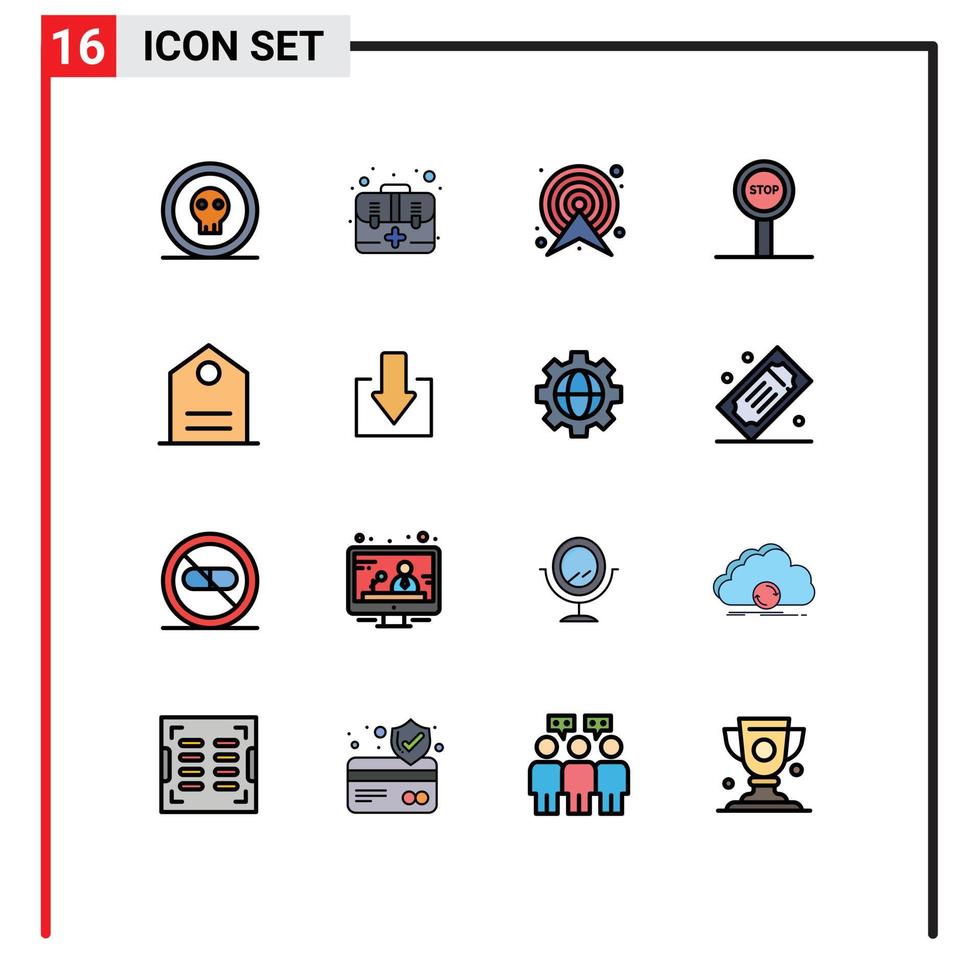 ensemble moderne de 16 lignes et symboles remplis de couleurs plates tels que des éléments de conception vectoriels créatifs modifiables de la carte du kit d'arrêt de base vecteur
