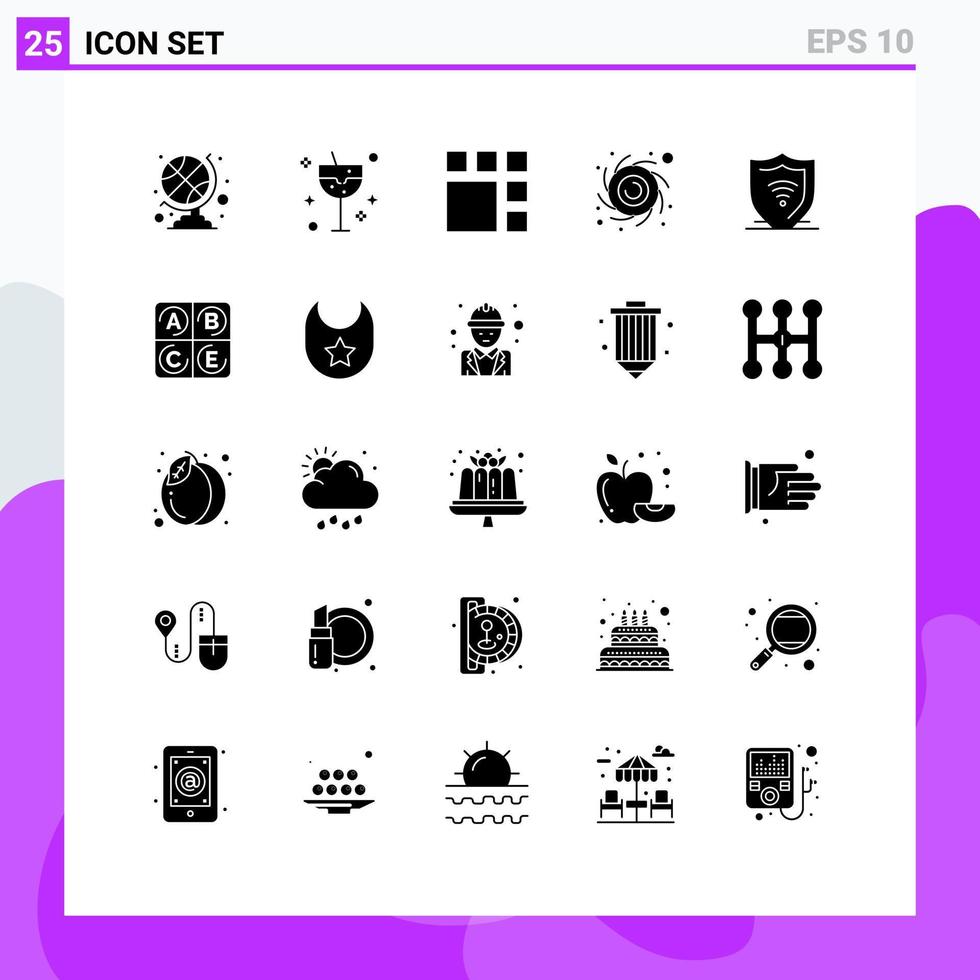 interface mobile glyphe solide ensemble de 25 pictogrammes de cadre de sécurité internet bouclier internet trou noir éléments de conception vectoriels modifiables vecteur