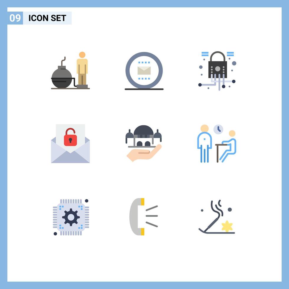 ensemble moderne de 9 pictogrammes de couleurs plates de l'enveloppe de la mosquée travail e-mail sécurité éléments de conception vectoriels modifiables vecteur