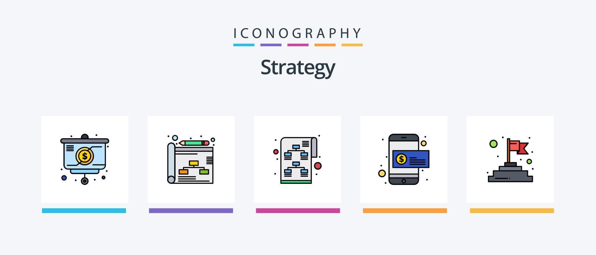 ligne de stratégie remplie de 5 packs d'icônes, y compris le marketing. argent. solution. idée. commercialisation. conception d'icônes créatives vecteur
