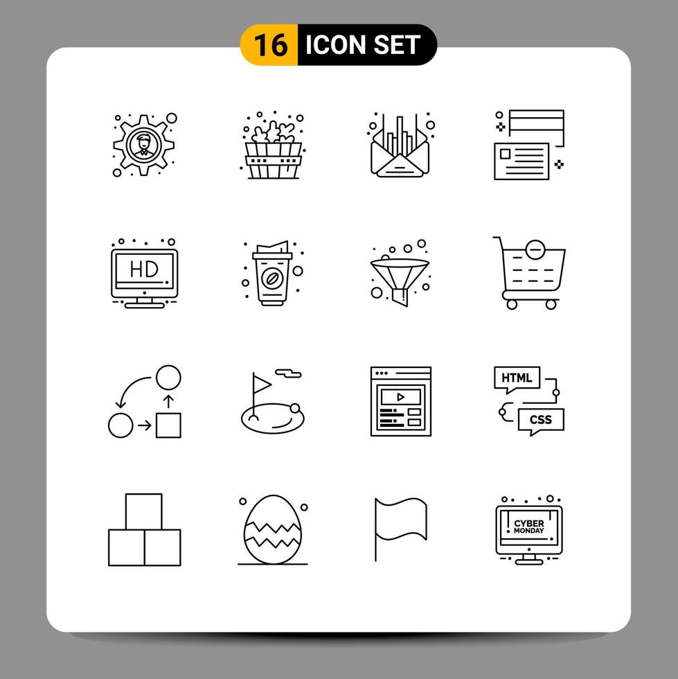 ensemble de pictogrammes de 16 contours simples d'éléments de conception vectoriels modifiables en argent d'affaires hd de télévision vecteur