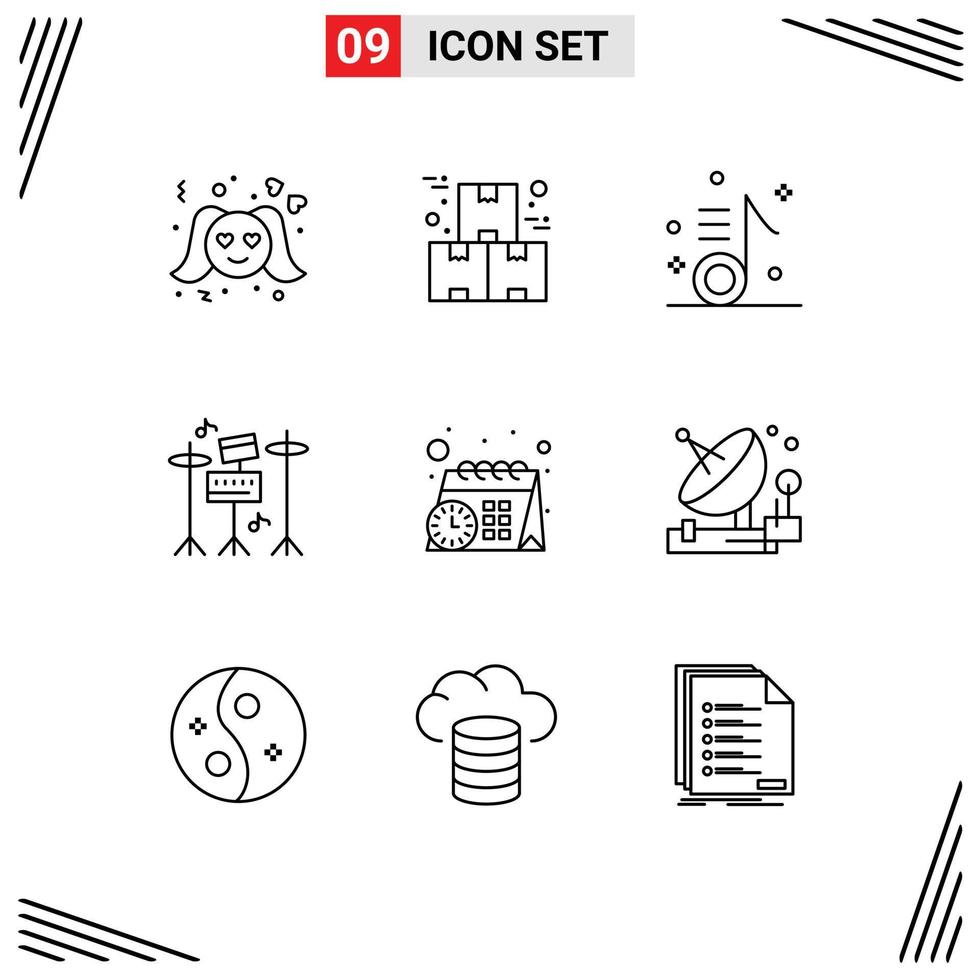 aperçu de l'interface mobile ensemble de 9 pictogrammes d'éléments de conception vectoriels modifiables de note de tambour de production d'équipement de calendrier vecteur