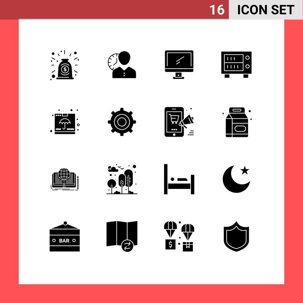 ensemble moderne de 16 pictogrammes de glyphes solides d'éléments de conception vectoriels modifiables par ordinateur de dispositif de calendrier de dépôt imac vecteur