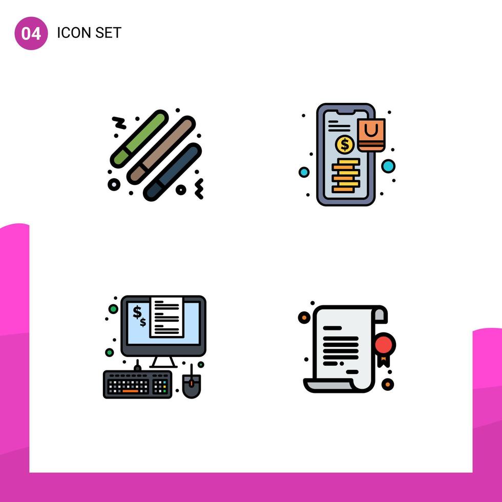 interface mobile filledline couleur plate ensemble de 4 pictogrammes de facture de tambour paiement de bâton lumineux pour cent éléments de conception vectoriels modifiables vecteur