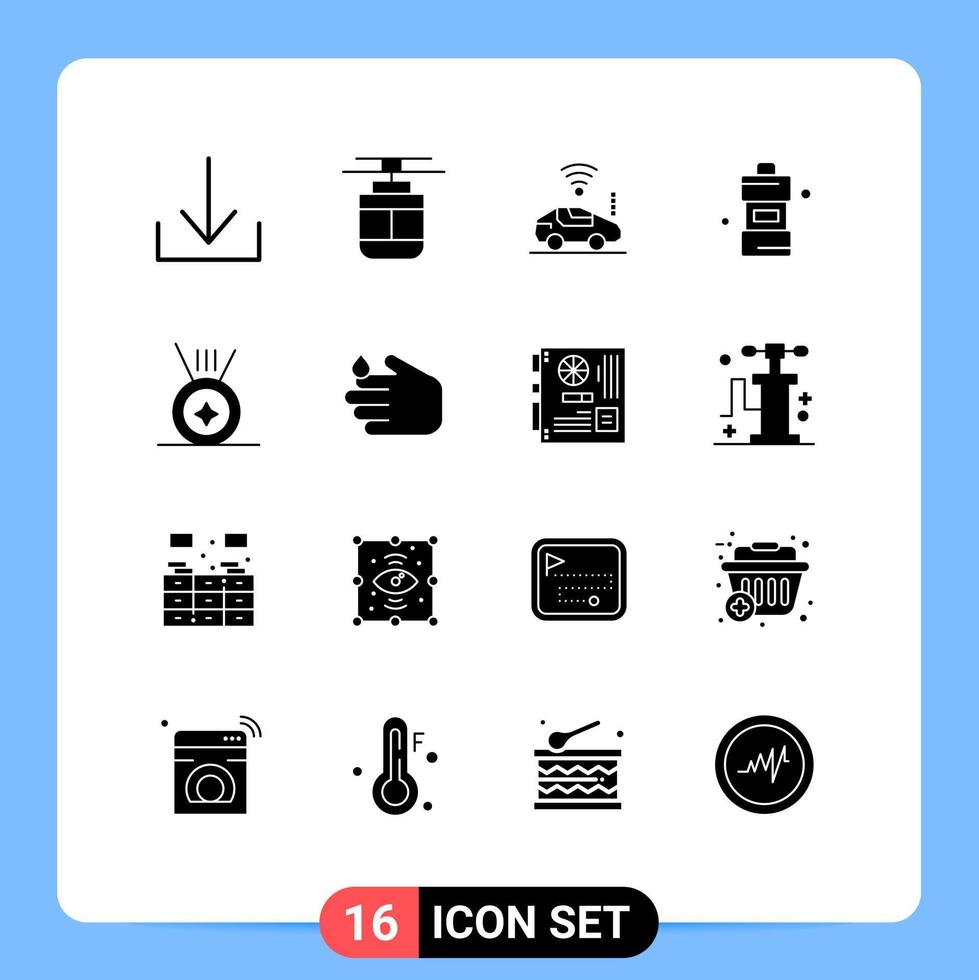 interface mobile glyphe solide ensemble de 16 pictogrammes d'éléments de conception vectoriels modifiables de nettoyant de détergent de voiture de médaille de nettoyage vecteur