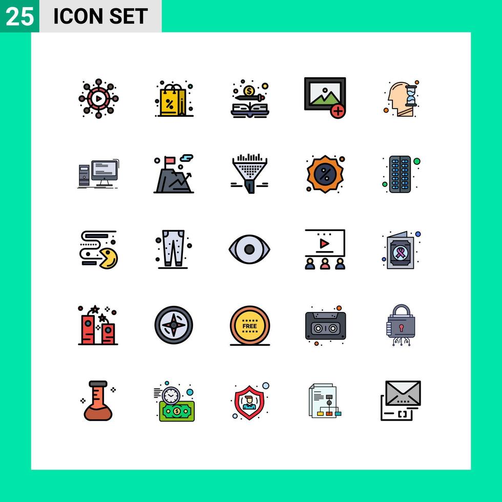 groupe de 25 signes et symboles de couleurs plates de ligne remplie pour l'esprit de verre sablier argent humain nouveaux éléments de conception vectoriels modifiables vecteur