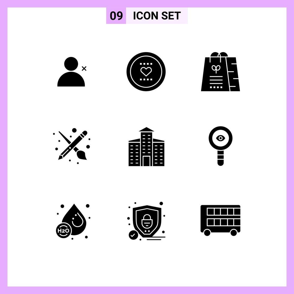 9 concept de glyphe solide pour les sites Web mobiles et les applications sac à crayons de ville brosse à outils éléments de conception vectoriels modifiables vecteur
