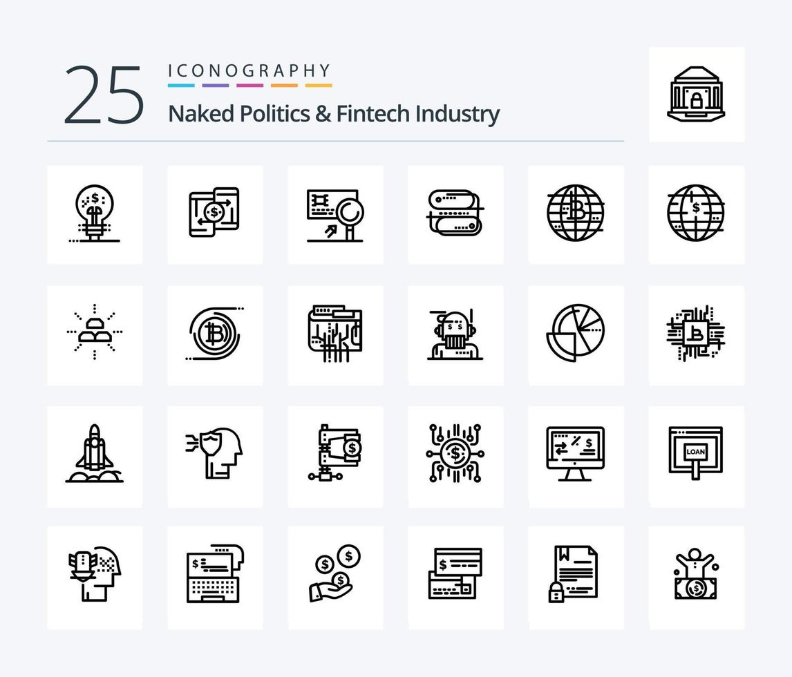 politique nue et pack d'icônes de 25 lignes de l'industrie fintech, y compris le paiement. adresse. téléphone. technologie blockchain. détection vecteur