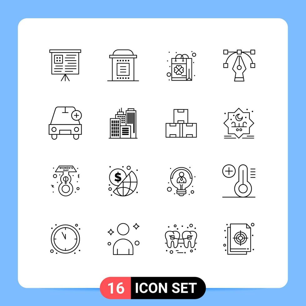pack de 16 signes et symboles de contours modernes pour les supports d'impression Web tels que plus ajouter des éléments de conception vectoriels modifiables de conception d'outil d'achat vecteur