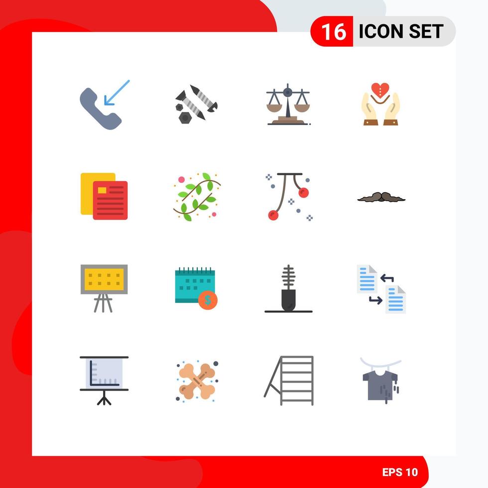 paquet de couleur plat de 16 symboles universels de l'éducation coeur travail sentiments soins pack modifiable d'éléments de conception de vecteur créatif