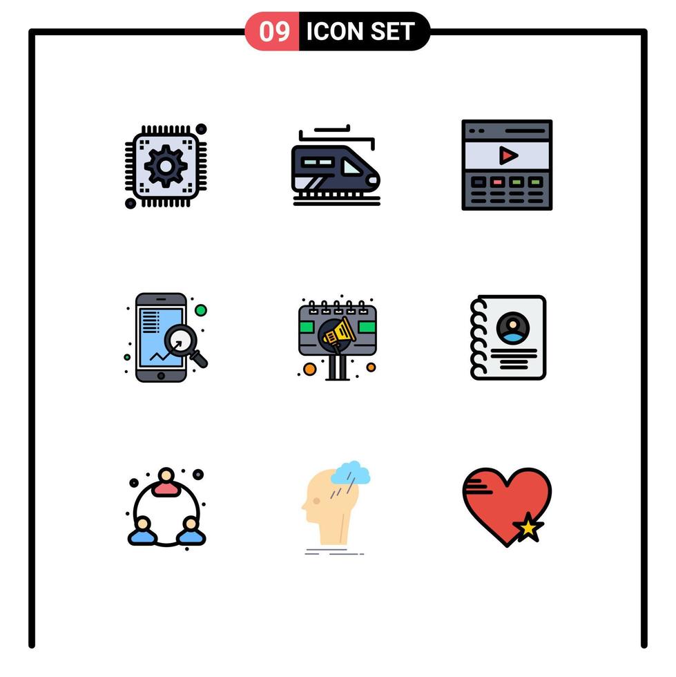 interface mobile fillline plat couleur ensemble de 9 pictogrammes de publicité seo en-tête recherche éléments de conception vectoriels modifiables rapides vecteur