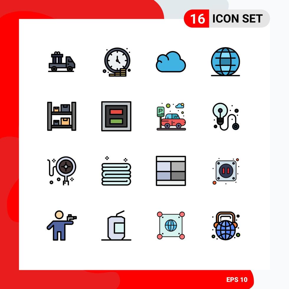 groupe de 16 signes et symboles de lignes remplies de couleurs plates pour les boîtes globe de sécurité de l'heure mondiale éléments de conception vectoriels créatifs modifiables vecteur