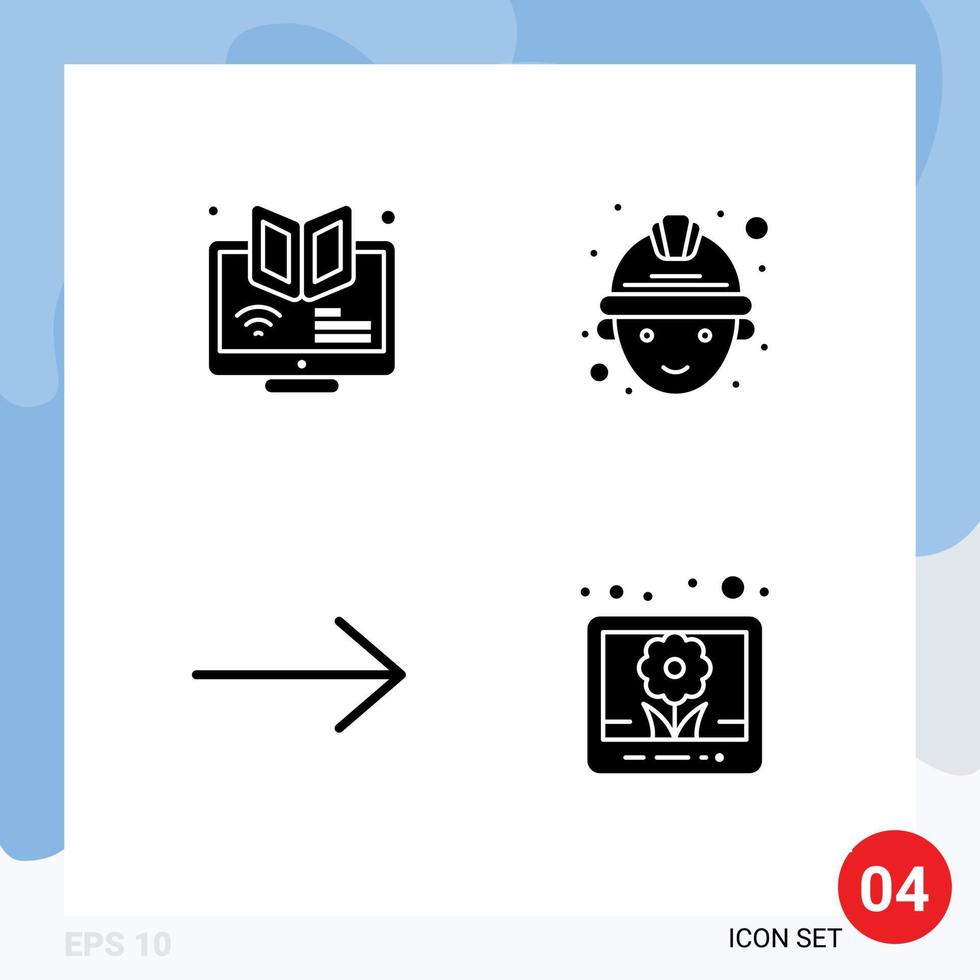 groupe de 4 signes et symboles de glyphes solides pour les éléments de conception vectoriels modifiables d'image de travail de webinaire de flèche d'apprentissage en ligne vecteur