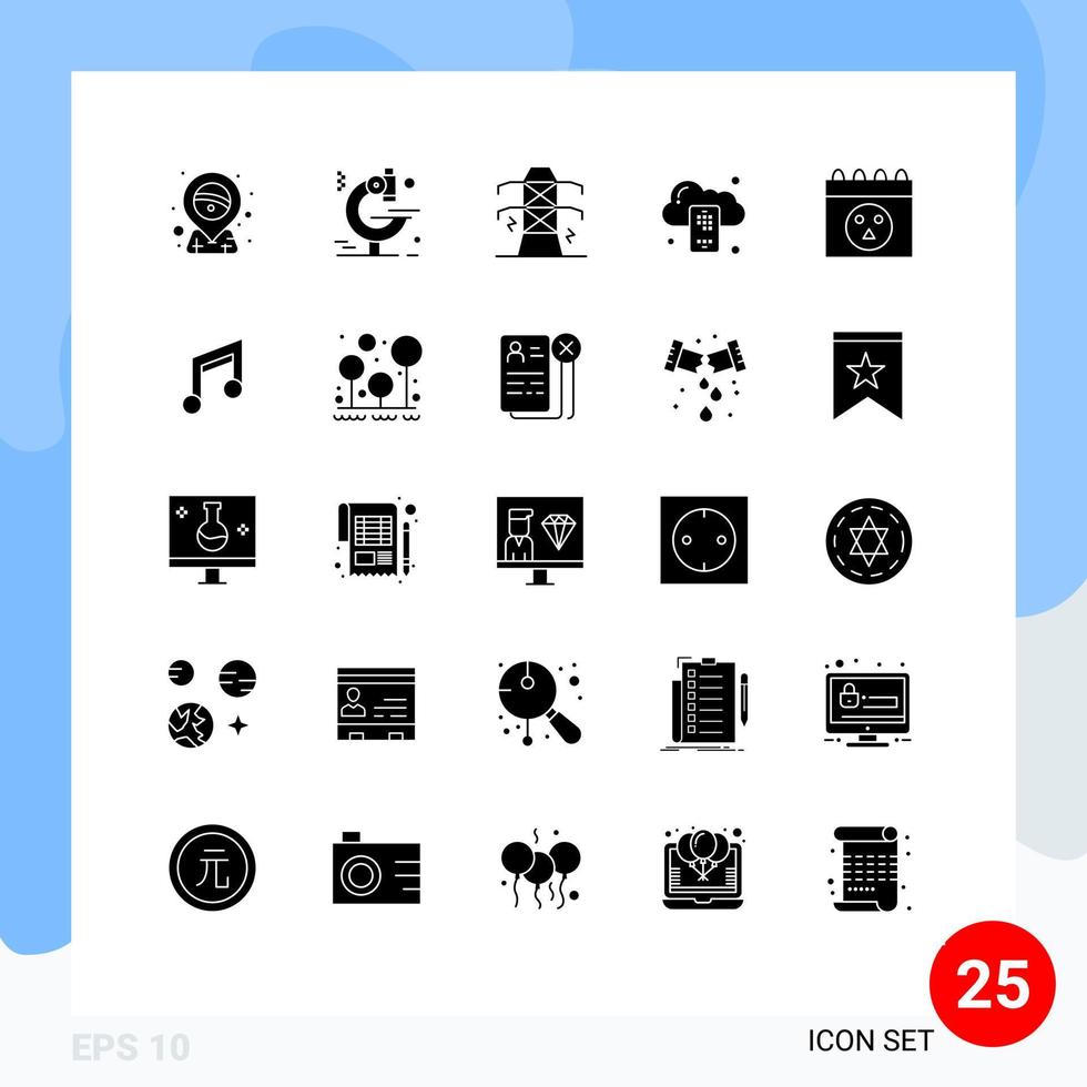 ensemble de 25 glyphes solides vectoriels sur la grille pour les éléments de conception vectoriels modifiables du cloud du serveur de ligne de calendrier du crâne vecteur