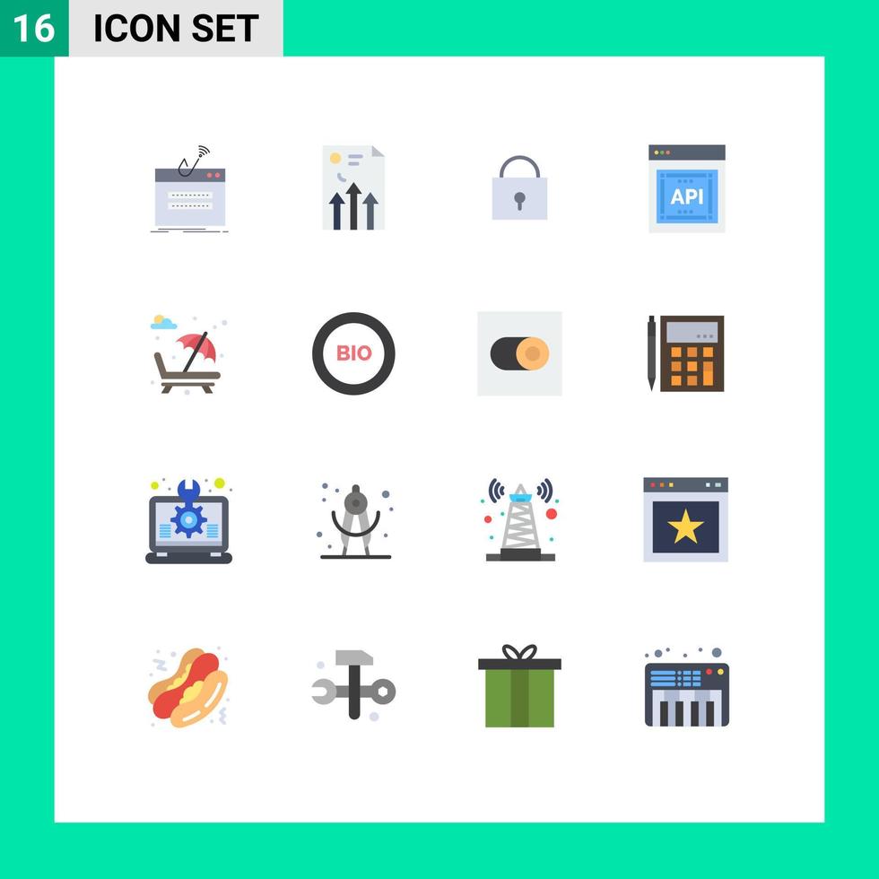 ensemble de pictogrammes de 16 couleurs plates simples d'interface de programmeur d'application de lit de bronzage concept api graphique verrouillé pack modifiable d'éléments de conception de vecteur créatif