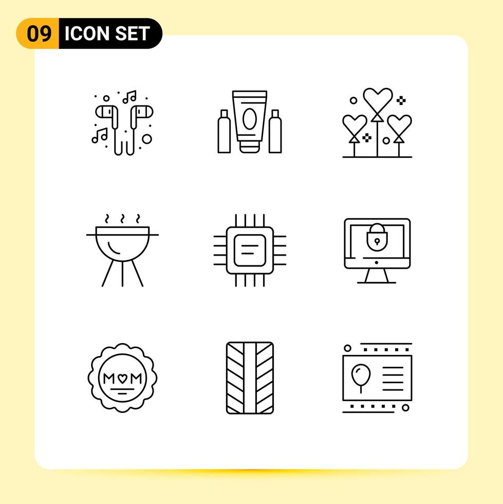 9 icônes créatives signes et symboles modernes de cpu cook soins de santé barbecue valentine éléments de conception vectoriels modifiables vecteur