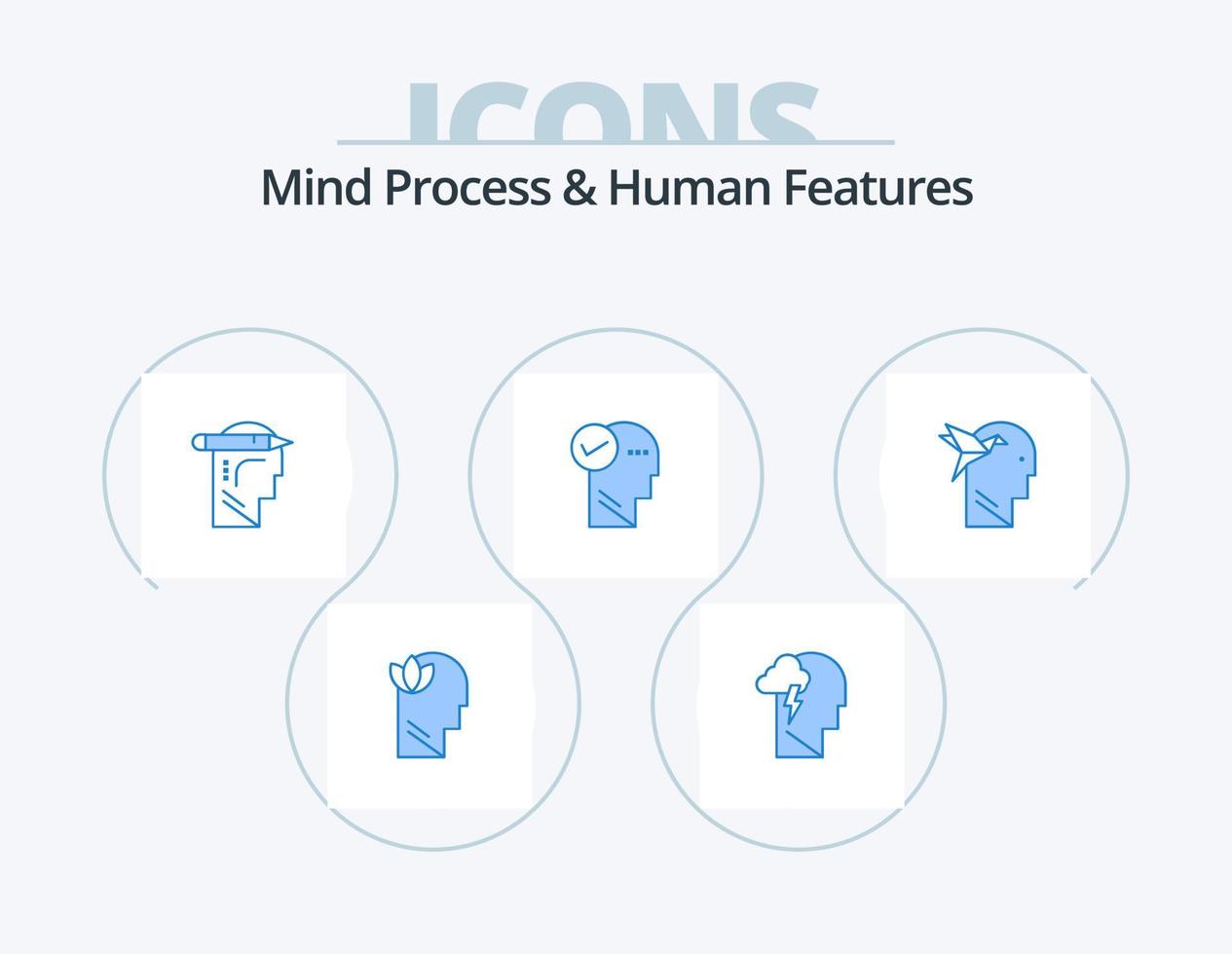 processus mental et caractéristiques humaines pack d'icônes bleues 5 conception d'icônes. imagination. pensée. diriger. solution. esprit vecteur