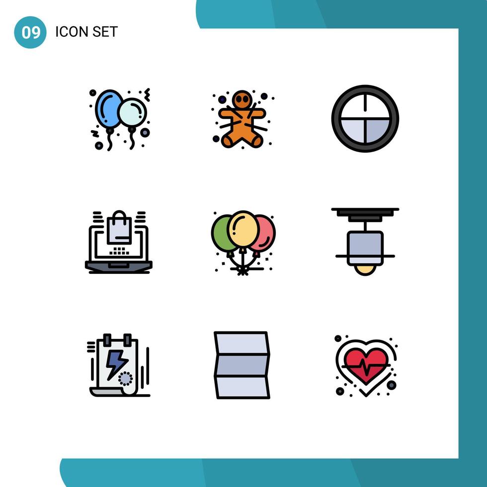 pack de 9 signes et symboles modernes de couleurs plates remplies pour les supports d'impression Web tels que les ballons de célébration armée shopping ordinateur portable éléments de conception vectoriels modifiables vecteur