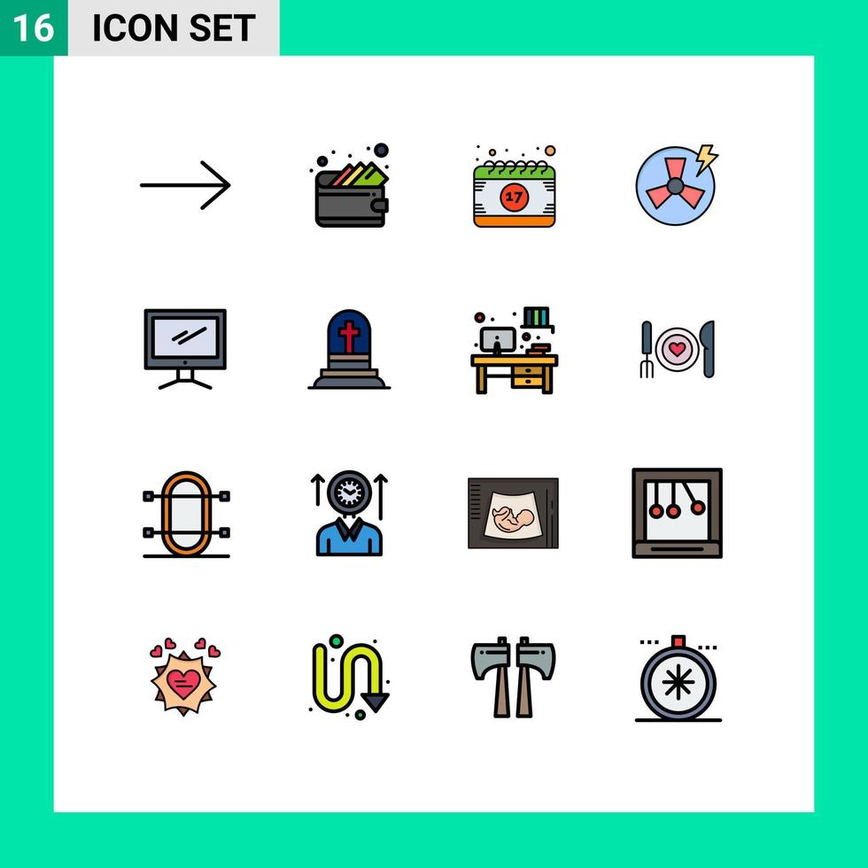 groupe de 16 signes et symboles de lignes remplies de couleurs plates pour les éléments de conception vectoriels créatifs modifiables de l'énergie informatique du festival du moniteur imac vecteur