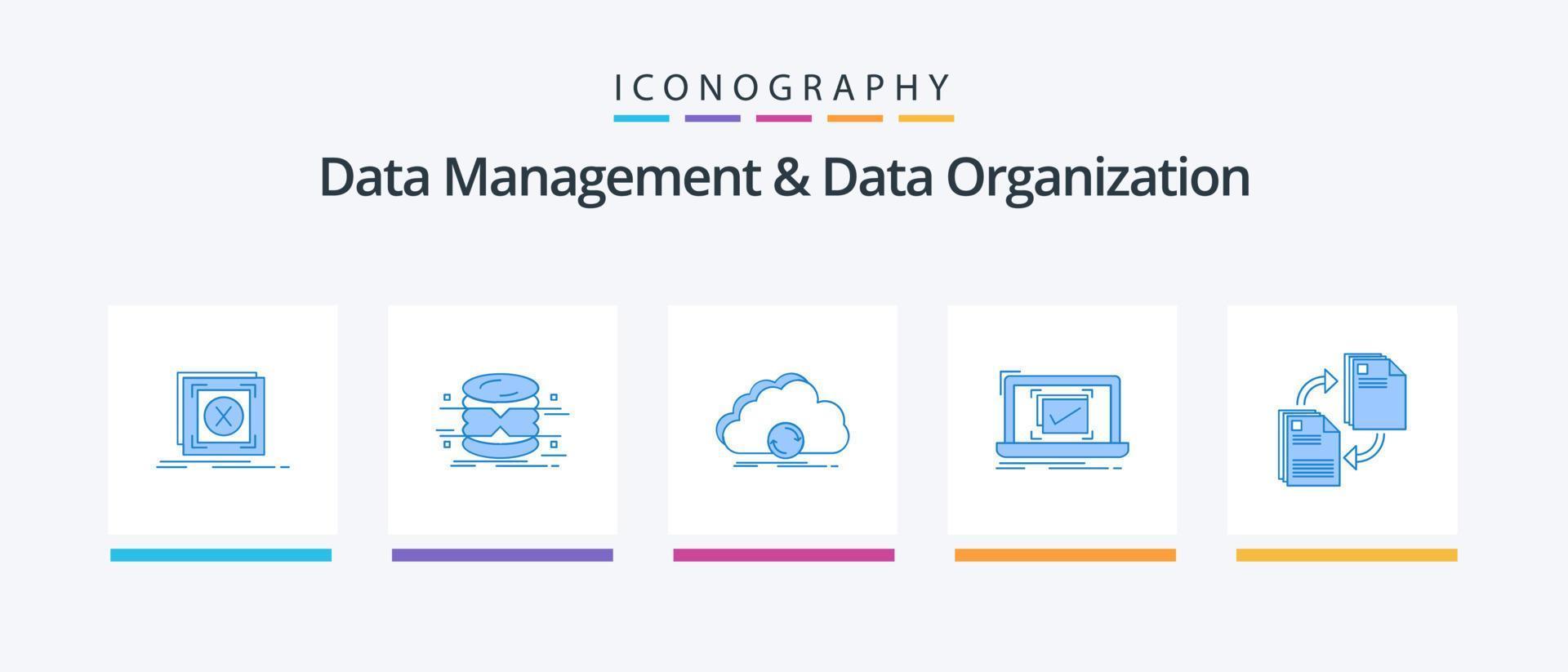 gestion des données et organisation des données pack d'icônes bleu 5 comprenant une liste de contrôle. système. infographies. synchronisation. synchroniser. conception d'icônes créatives vecteur