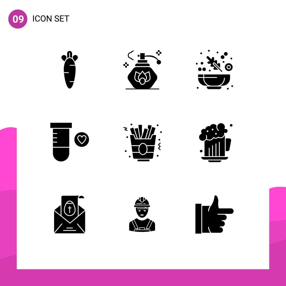 interface mobile glyphe solide ensemble de 9 pictogrammes de bière frites laitue espace alimentaire éléments de conception vectoriels modifiables vecteur